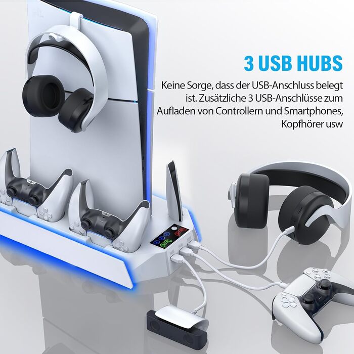 Підставка для PS5 Slim/Pro з зарядною станцією для контролера, RGB підсвічуванням, вентилятором, тримачем для навушників та USB хабом (чорний/білий)