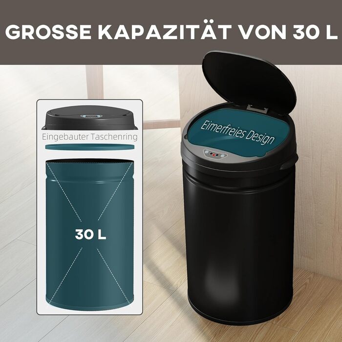 Сміттєвий бак сенсорний HOMCOM 30л нержавіюча сталь чорний з автоматичною кришкою та датчиком руху