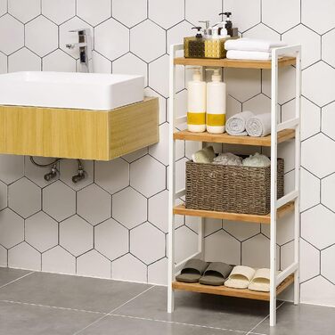 SONGMICS Bamboo Shelf, Kitchen Shelf, Bathroom Shelf, Bookshelf, Freestanding Shelf with 4 Shelves, 45 x 31.5 x 111 cm, for Bathroom, Kitchen, Living Room, Bedroom, Balcony, Natural White BCB74WN