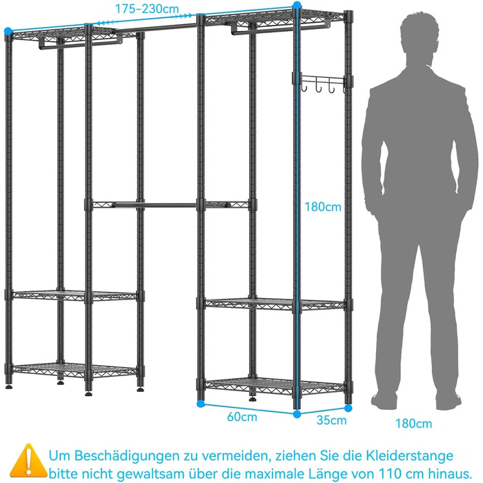 Тeleskopна штанга Himimi для одягу з 4 перекладинами та 6 регульованими полицями, 1 гачком, телескопічна система, регульована висота 175-230 см x H180 см, чорна
