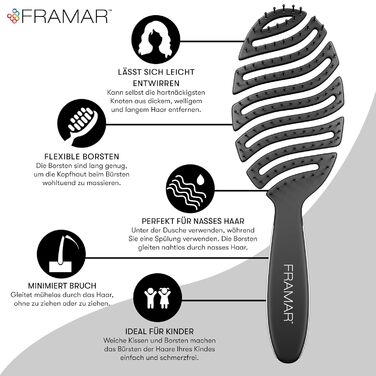 FRAMAR Щітка для волосся без заплутування - щітка для волосся, фен-щітка, щітка для сушіння, жіноча щітка, щітка для мокрого волосся, розпушувальна щітка для довгого волосся, щітка для сушіння, щітка з вентиляцією (Flex - Black)