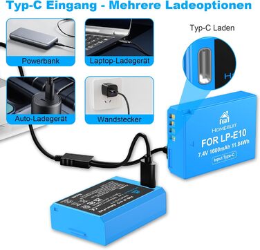 Акумулятор Homesuit LP-E10 1600mAh та LED-зарядний пристрій для Canon EOS 1100D, 1200D, 1300D, 2000D, Rebel T3, T5, T6, T7, Kiss X50, Kiss X70 (2 шт.)
