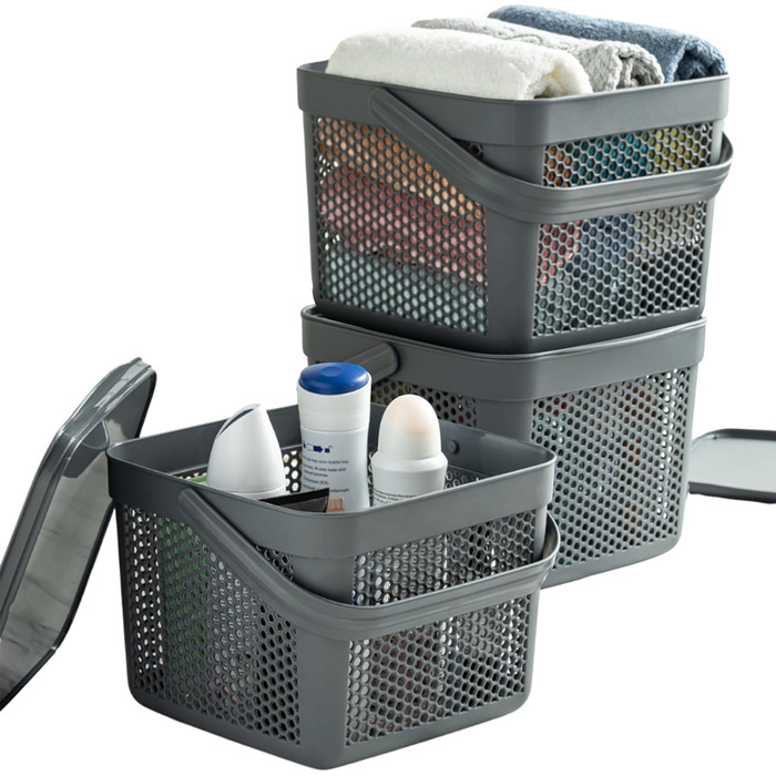 Набір кошиків для зберігання з кришкою uandu 8л x3, органайзер для іграшок, білизни, ванної, кухні, антрацит