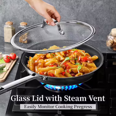 Innerwell Titan Ceramic Frying Pan 28 cm, Induction Pan with Lid, Stainless Steel Pan with Non-Stick Coating, Oven-Safe, PFOA-Free, Suitable for All Cooktops, (24cm with Lid, Black)