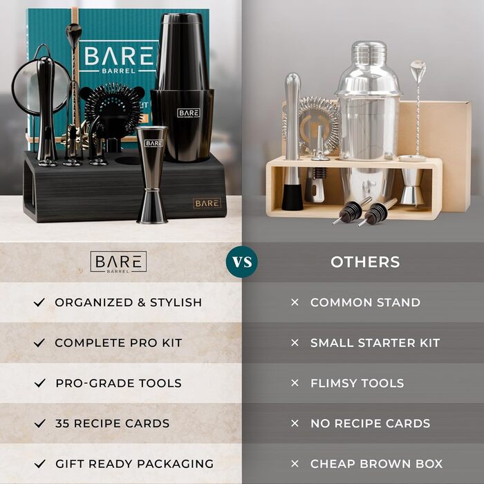 Bare Barrel Pro Cocktail Set - 14 Piece Boston Shaker Set with Stand & Recipe Cards (Jet Black) 0.8L
