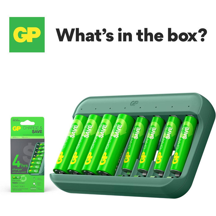 Зарядний пристрій для акумуляторів GP Charge&Save AA AAA з USB-C, 4 слоти, швидка зарядка, LED-індикатор, компактний дизайн