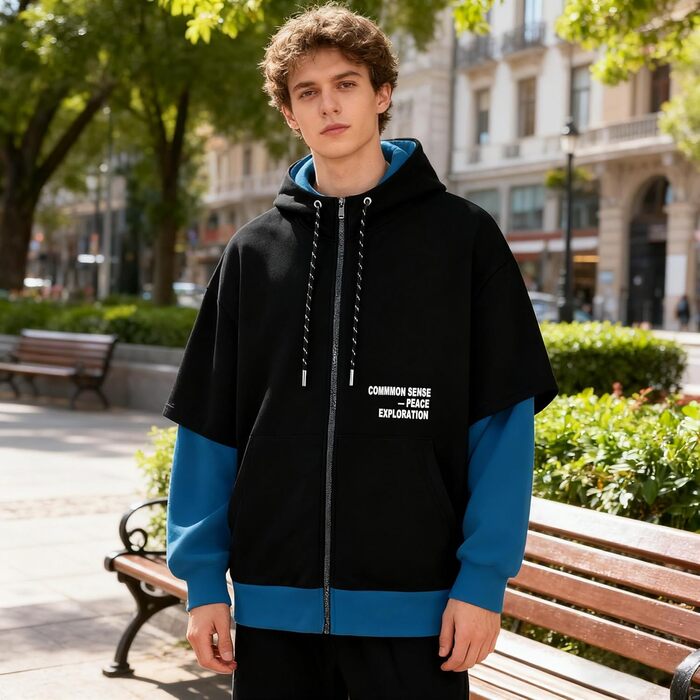 Чоловіча толстовка з капюшоном RUIZEHONG з блискавкою, спортивна куртка, кольорові блоки, повсякденний стиль, з кишенями, біло-чорна (чорно-синя, S)