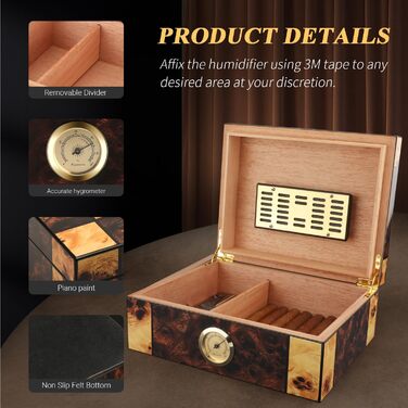 Гумодор для сигар з гігрометром та зволожувачем, коробка для сигар з масивного червоного дерева, кейс для 25-50 сигар, дорожній гумодор