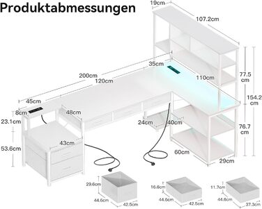 Комп'ютерний стіл Coleshome L-подібний з 5 шухлядами та 4 полицями, 180×100 см, з LED-підсвічуванням, розетками та USB, для дому/офісу, білий