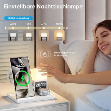 База для бездротової зарядки 6-в-1 з годинником та нічником для Samsung Galaxy | 15W, Qi, LED, для Galaxy S25, S24, Z Fold6, Flip, Note, Watch, Buds