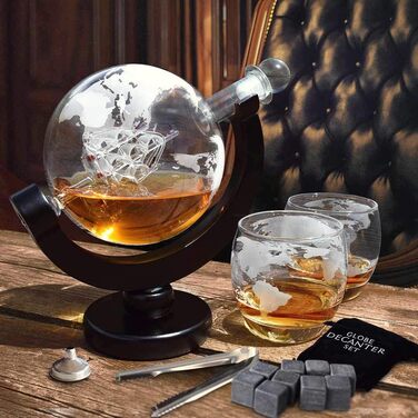 MikaMax - Globus Decanter Set - Whiskey Decanter - with two glasses - Whiskey set - Funnel included - Handcrafted - Transparent - 850 ML - Airtight closure - Men's gift