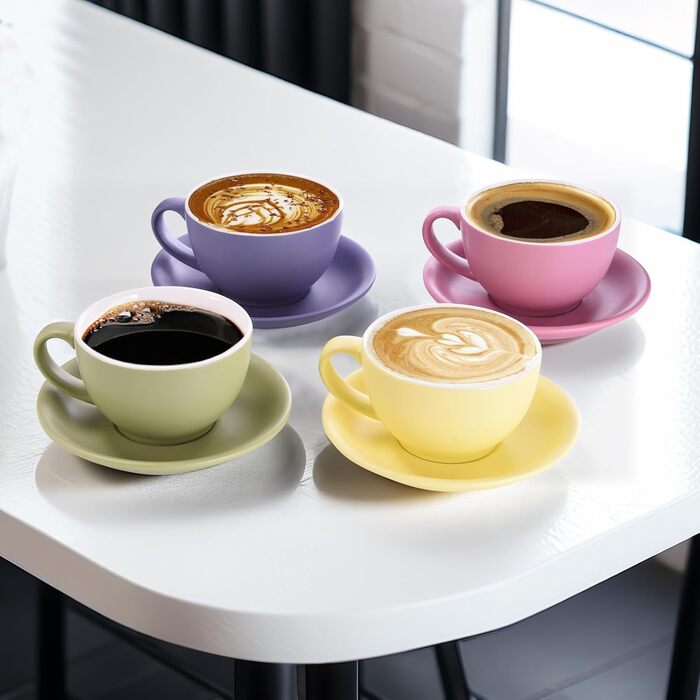 Набір кавових чашок Yundu Cappuccino 4 шт. по 300 мл з блюдцями, кераміка, матові кольори для латте-арт, для бариста, великі мока чашки