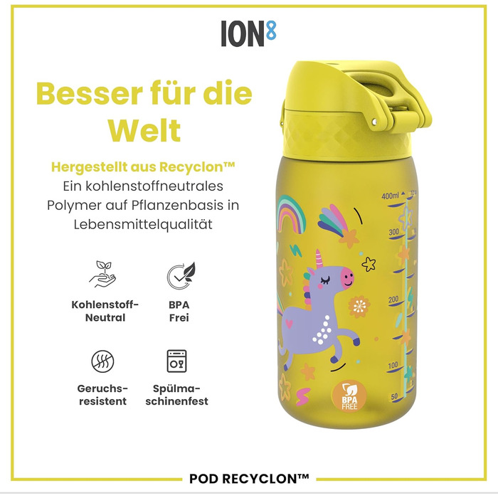 ion8 Insulated Stainless Steel Drinking Bottle 320 ml Leak-Proof One-Handed Opening Secure Locking Dishwasher-Safe Flip-Top Lid Carrying Handle Easy to Clean, Durable, Unicorn (Evo, Recyclon, Yellow)