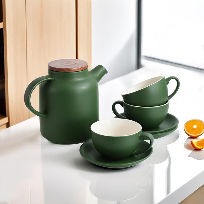 Набір кавових чашок Капучіно Yundu 4шт по 300мл - керамічні чашки з блюдцями, матові темно-зелені відтінки для лате-арту та бариста, великий набір мока чашок та блюдець