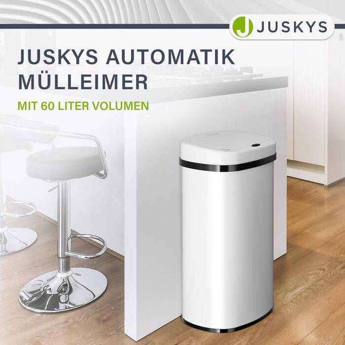 Відро для сміття Juskys з датчиком руху, 60л, біле - кутовий контейнер з кришкою та кільцем для пакетів, нержавіюча сталь, безконтактне відкривання