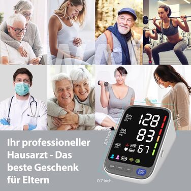 Тонометр WAJ для вимірювання артеріального тиску на плечі з великою манжетою (22-42 см) | LED-дисплей 6,4 дюйма | Виявлення аритмії | 2×120 місць пам'яті | Вимірювання пульсу | Білий