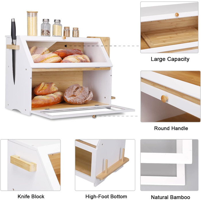 Leader Accessories Бамбуковий хлібний ящик з 2 ярусами, з дощечкою для нарізання, харчовий, легкий у догляді, 50x25x37 см, білий