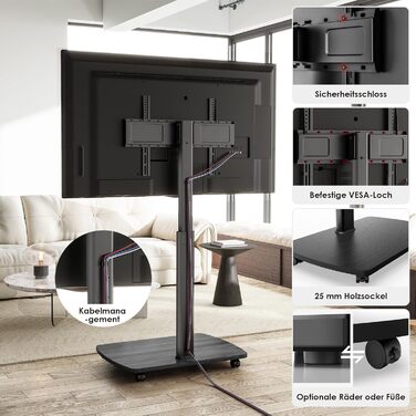 AOKCOS Rolling TV Stand with Shelf - Adjustable Height & Swivel - Fits 43-75 inch TVs (up to 50kg) - VESA 600x400mm - White & Natural Wood Finish