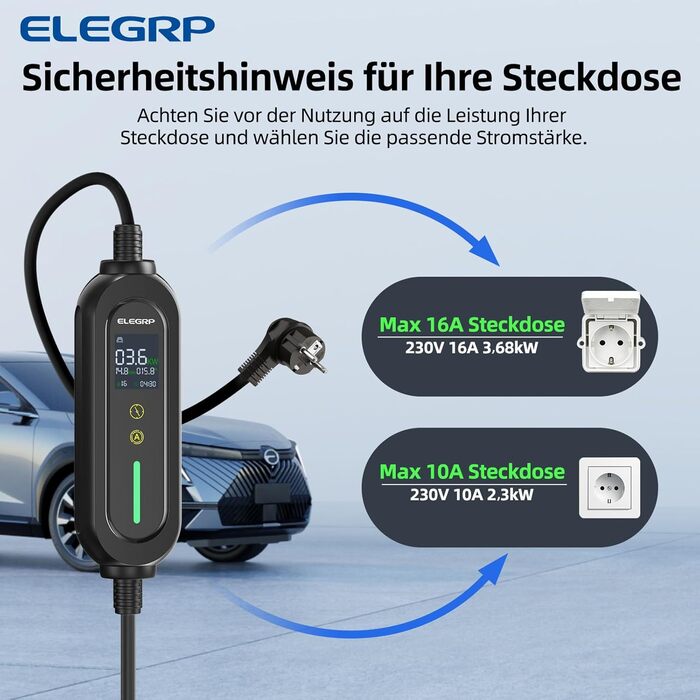 Кабель для зарядки електромобіля Type 2 Schuko 7м, 3.68кВт, 6-16A, IP66 – Мобільна зарядка з відтермінованим стартом, сумісний з EV/PHEV