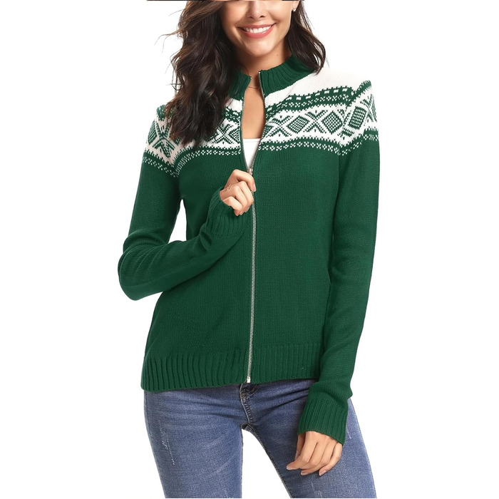 Жіночий святковий кардиган Sykooria з блискавкою та стоячим коміром. Теплий в'язаний светр з довгими рукавами для святкування Різдва. Розмір XL, колір Зелений B