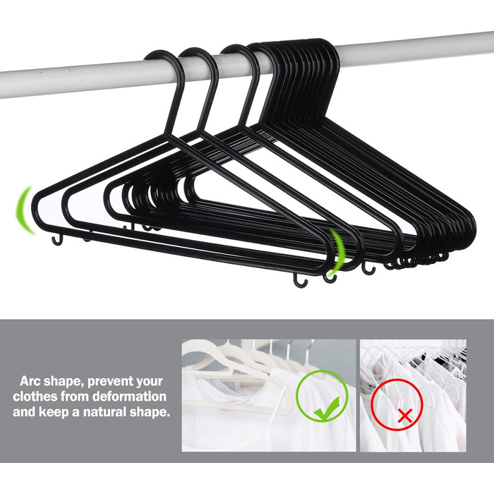 ilauke Standard Clothes Hangers Set, 50 Pieces Black Plastic Clothes Hangers, Multi-Purpose Skirt Hangers Space-Saving Clothes Hangers for Drying and Wet Laundry for Clothing Suits, Jackets, Trousers, 37CM