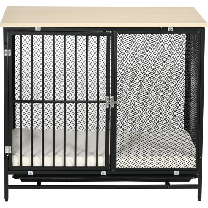 Клітка для собак PawHut, закривається на замок, з подушкою, для собак середніх порід до 20 кг, 88 x 55 x 71 см, колір: дуб+чорний