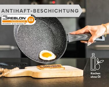 Набір сковорідок DIVORY 3 шт. (20, 24, 28 см) з антипригарним покриттям для всіх плит, включаючи індукційні. Безпечні ручки, придатні для миття в посудомийній машині. Ручки з імітацією сірого дерева.