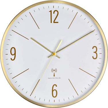 TFA Dostmann Analog Wall Clock, 60.3534.55, 30cm, Gold-Colored Metal Frame, Quiet Movement, Modern Design, with Glass Cover, Gold