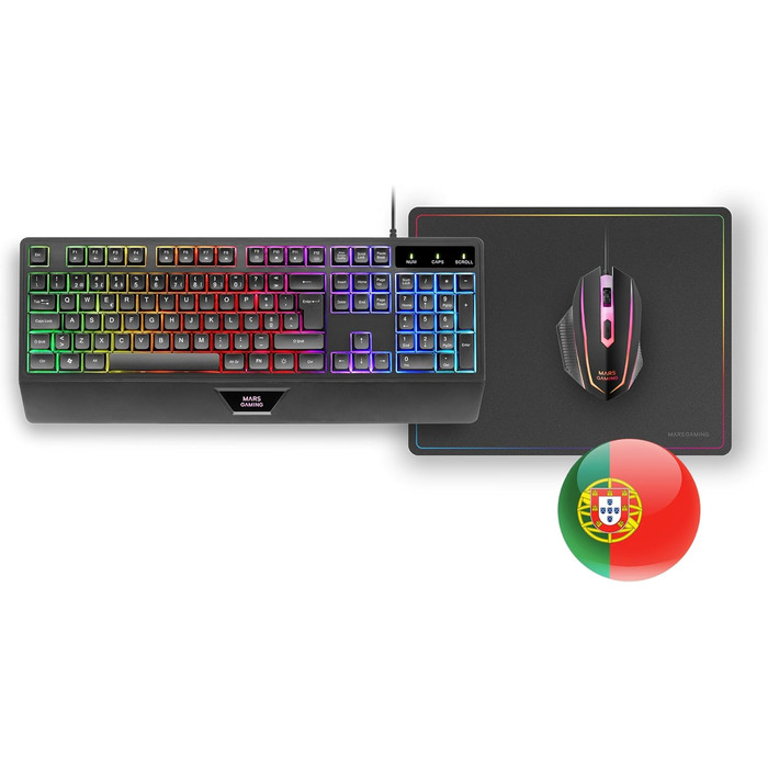 Ігрова комбо-система MARSGAMING MCP124: клавіатура H-Mech LED RGB, миша 3200DPI з HUANO Switches, килимок Nanotextil 360x260mm, підтримка різних платформ, іспанська розкладка, чорний колір