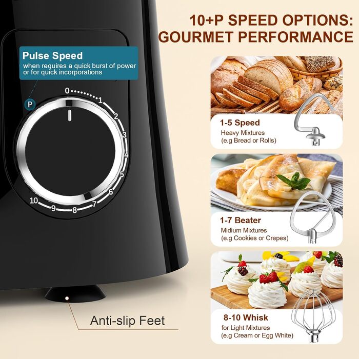 Кухонна машина-міксер Facelle 1500W з чашею 5.5л/4.5л, 10+ програм, чорний