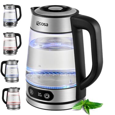 Скляний електрочайник Ecosa з регулюванням температури, 1.8 л, 2200 Вт, нержавіюча сталь, функція підігріву та LED-підсвітка, BPA-free