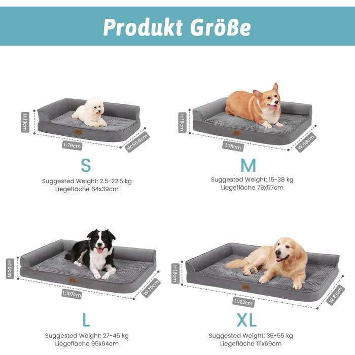 COZY KISS Orthopedic Dog Bed, 19cm Thick Dog Sofa for Medium-Sized Dogs, Removable and Washable Dog Couch, Non-Slip Bottom, Waterproof Inner Lining (Gray-L-Type, L(107 * 76 * 19CM))