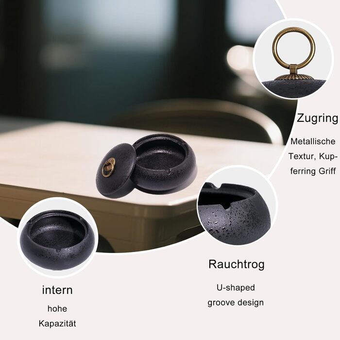 Керамічна попільничка для сигарет та цигарок з кришкою, ретро стиль, чорний колір, 10.8x6.5 см. Підходить для дому, офісу та вулиці