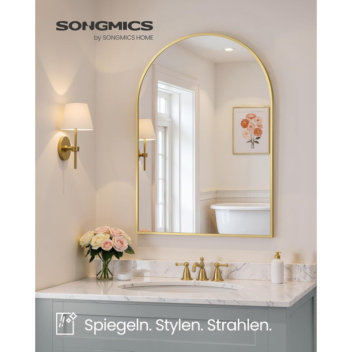 Дзеркало для ванної кімнати SONGMICS, настінне, з алюмінієвою рамою, 91 x 61 см, з захисною плівкою, 2 способи кріплення, для ванної, спальні, вітальні, LWM010BD01 (овальне, світло-золоте)