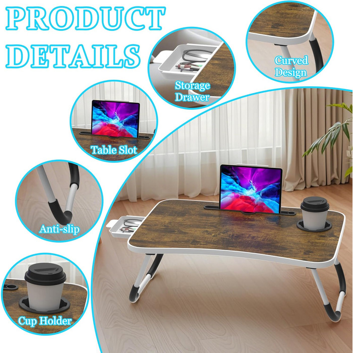Столик для ноутбука Soontrans з ящиком, 60x40x28 см, з підстаканником та тримачем для планшета, складний, для ліжка та дивана