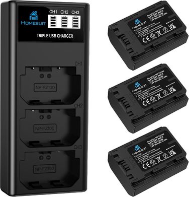 Акумулятор NP-FZ100 Homesuit 2280mAh та подвійний зарядний пристрій для камер Sony ZV-E1, FX3, FX30, A7RIII, A7RV, A7RIV, A7SIII, A7III, A7IV, A7C, A7CII, A6600, A6700, Alpha A1, A9, A9II, A9III, 9R, A9R, 9S (2 шт.) + LED зарядний пристрій (3 шт. акумулят
