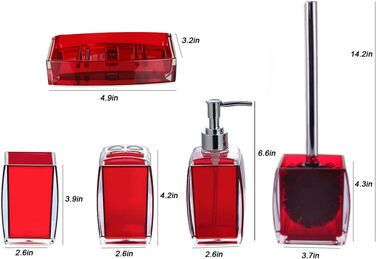 5-Piece Red Acrylic Bathroom Accessories Set, Complete Set, Lotion/Soap Dispenser, Soap Dish, Toothbrush Holder, Cup, Toilet Brush and Holder, Modern Bathroom Decor and