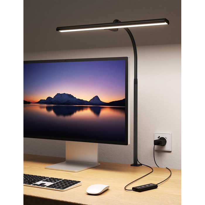 LED лампа для столу Kary з регулюванням яскравості, 40см, 12W, для офісу, роботи, читання, захисту очей, дітей, 5 рівнів регулювання, 5 кольорів, таймер 60 хв, білий + металева клямка