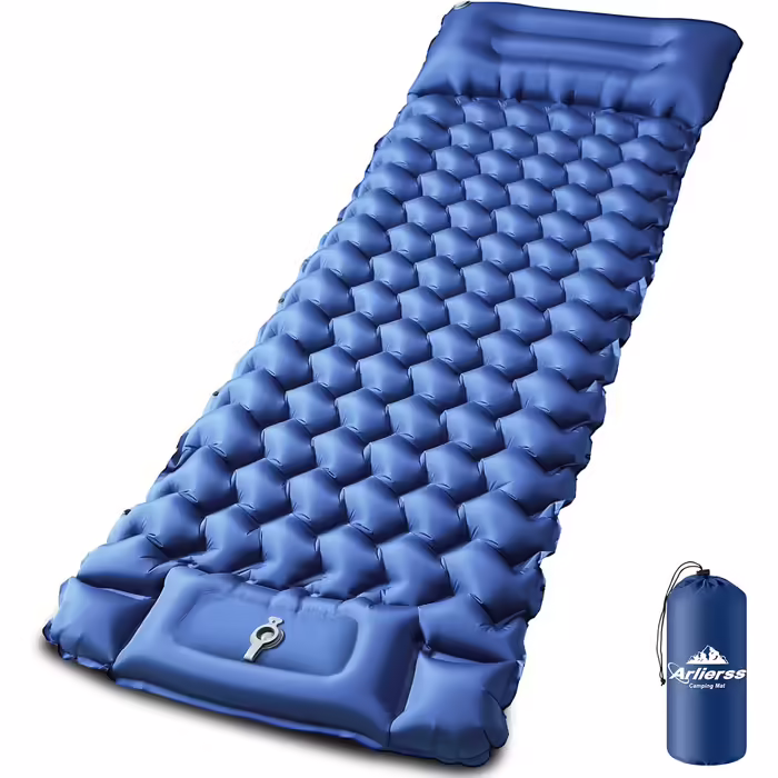 Isomatte Self-Inflating, Ultralight Inflatable Air Mattress, Camping Mattress with Foot Press Pump, Anti-Ripstop Portable Sleeping Pad Outdoor with Pillow for Hiking, Beach, Travel - Army Green (Single, Classic Blue)