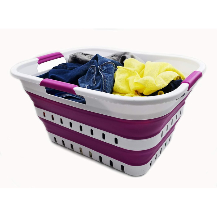 SAMMART 30L Collapsible 3-Handle Plastic Laundry Basket - Foldable Pop-Up Storage Container/Organizer - Portable Wash Basin - Space-Saving Basket/Bin (White/Purple)