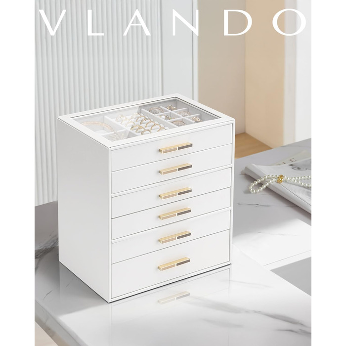 Шкатулка для прикрас Vlando - органайзер з 3 рівнями, 6 відділень, з дзеркалом, білий