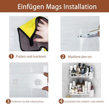 Поличка для душу без свердління, кутова, 2 шт., органайзер для ванної кімнати з 4 гачками, чорна. (B-weiß)