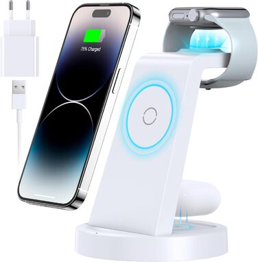 Зарядний станція 3 в 1 для iPhone з бездротовою зарядкою - сумісна з iPhone 16, 15, 14, 13, 12, 11, X, Pro, Max та Apple Watch, AirPods. 18W адаптер в комплекті.