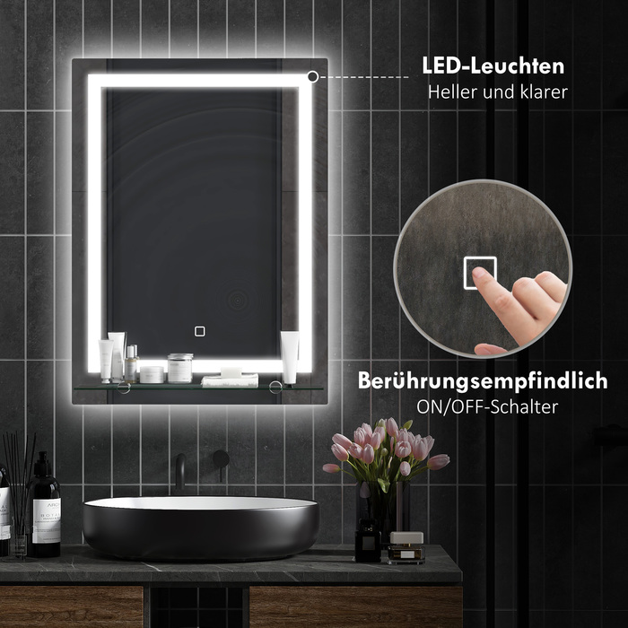Дзеркало для ванної кімнати Kleankin LED з підсвіткою, регульованою яскравістю, проти запотівання, сенсорним перемикачем, полицею, розміром 50 x 70 см, срібного кольору.