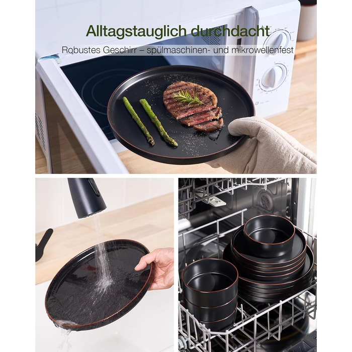 Набір посуду Mercury, 12 предметів: тарілки, супові миски, десертні тарілки, набір для 4 осіб, кераміка, колір графіт (матовий чорний), безпечний для мікрохвильової печі та посудомийної машини