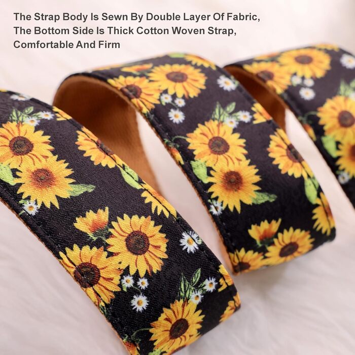 Гітарний ремінь 5,1 см з бавовняним друком, квітковий принт, з повним шкіряним кінцем, для бас-гітари, електро- та акустичної гітари, безкоштовна кнопка для ременя, фіксатори для ременя та медіатори. Жовті ромашки