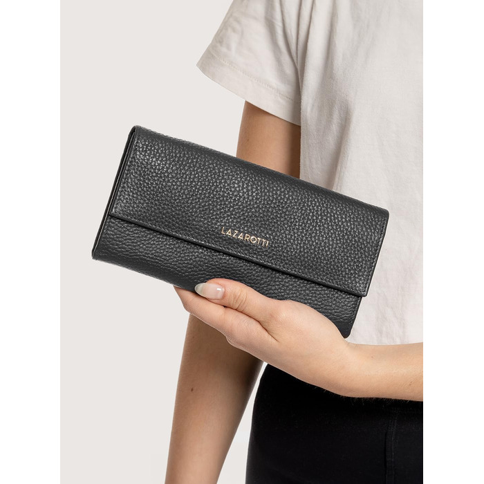 Lazarotti Bologna Large Leather Wallet for Women | with Snap Button, Large Zipper Compartment, 12 Card Slots, RFID Protection | 19 x 10 x 3 cm (2 Adjustable Widths)