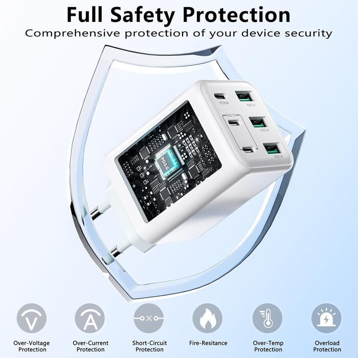 Зарядний пристрій USB-C 60W, 6 портів (3x USB-C, 3x USB-A), PD+QC швидка зарядка, адаптер живлення для iPhone 14/15/16/17, Samsung S24/S23/S22 - Білий