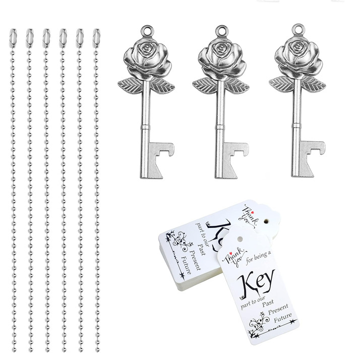 Aokbean 100 Pieces Wedding Key Bottle Opener Rose Shape Vintage Rustic Cake Accessories Suitable as a Gift for Guests with Thank You Card and Chain (Antique Silver)