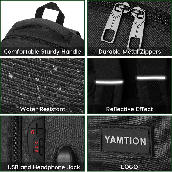Чорний рюкзак YAMTION для чоловіків та жінок, унісекс, підійде для підлітків, хлопчиків та дівчаток. Вміщує ноутбук 17.3 дюйми. Ідеальний для університету, школи, роботи, офісу. З USB-портом.